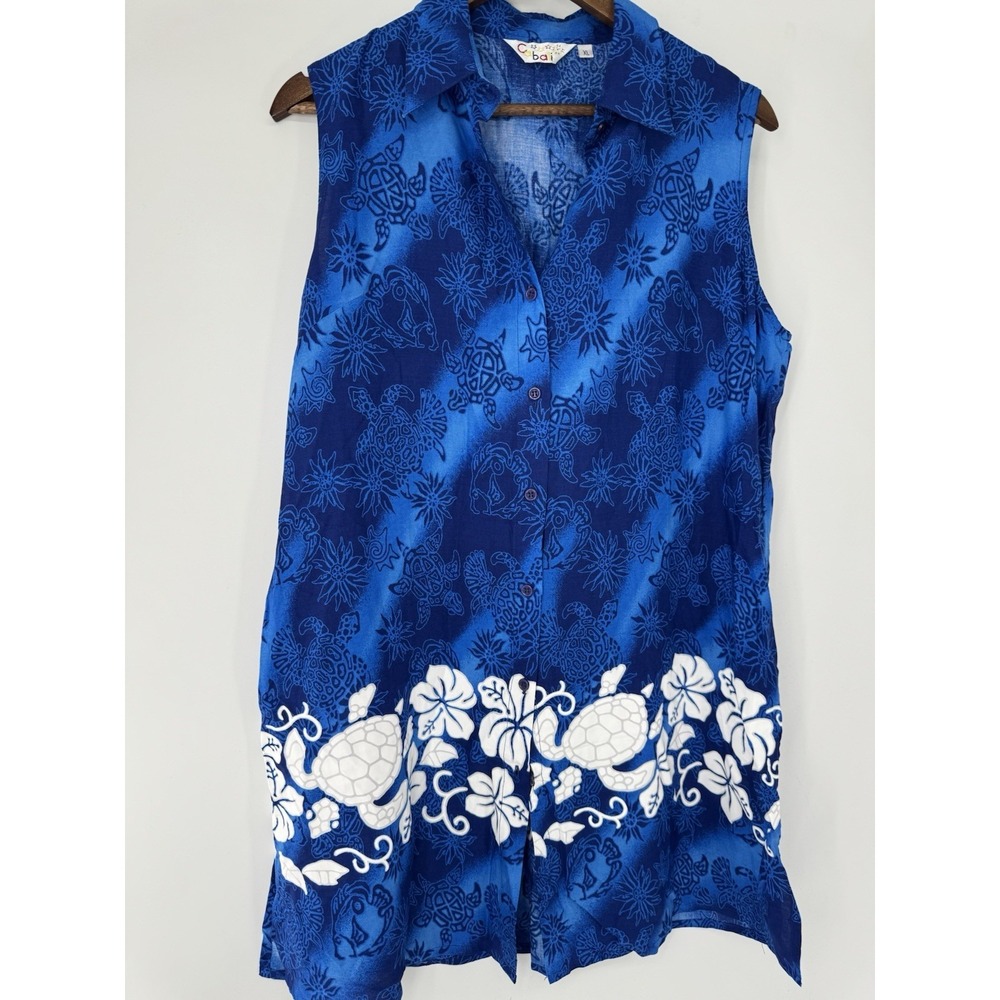Cabali Floral Blue Sleeveless turtle dress button up tropical resort vacation XL - Picture 2 of 8